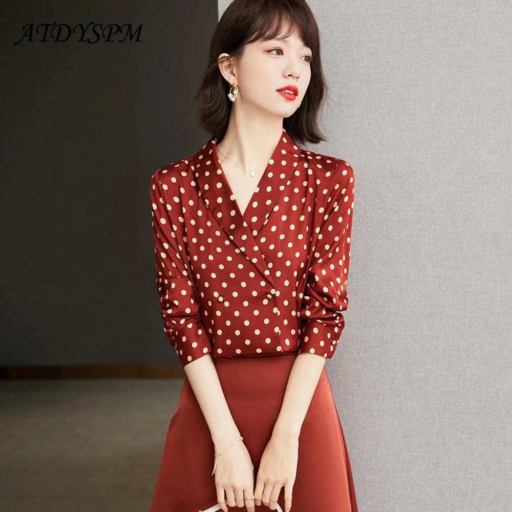 

Vintage Women Shirts Elegant Polka Dot Blouses Long Sleeve V-Neck Office Lady Casual Tops Women Blusas Mujer De Moda 2022