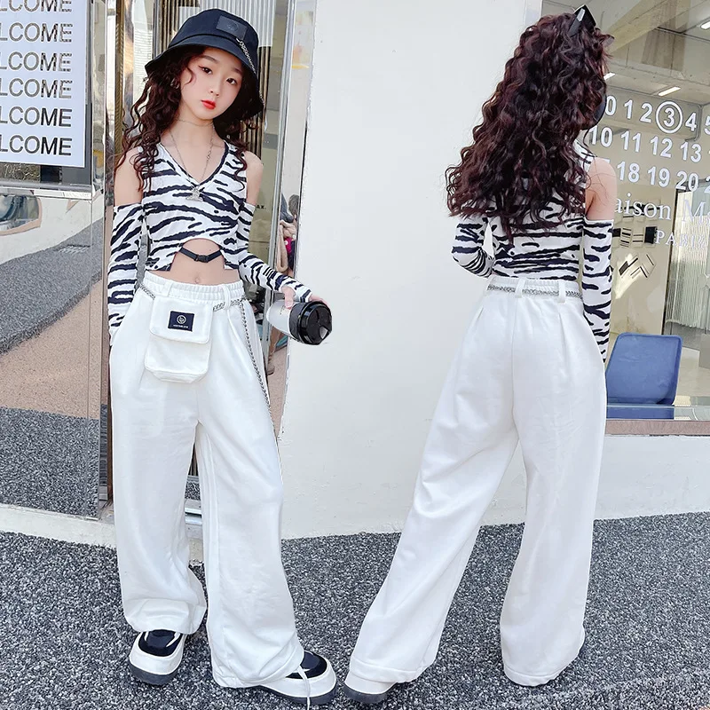 

Танцевальный костюм для девочек-подростков, новый весенне-осенний полосатый топ для маленьких девочек + брюки с широкими штанинами, костюм-двойка в стиле хип-хоп для подиума