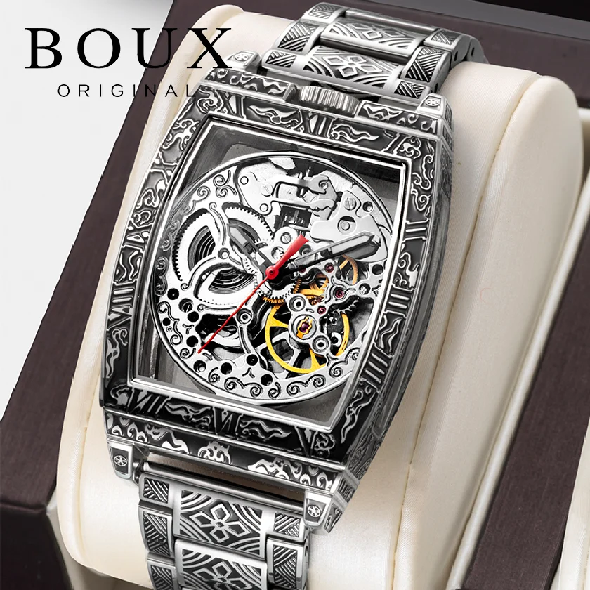 

BOUX Men Punk Skeleton Mechanical Watches Super Tonneau Original Seagull ST1601K2 Automatic Self-Wind Movement Wristwatches 1963