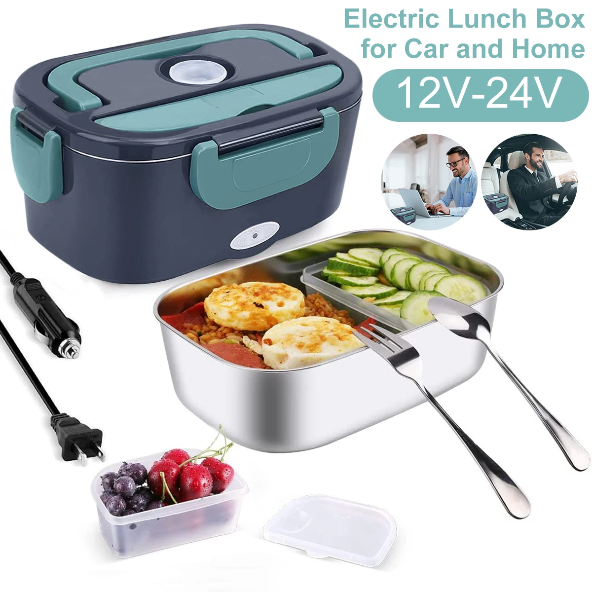 

Electric Lunch Box Food Warmer Lunch Box Reusable 304 Stainless Steel Portable Leak-Proof Heating Lunch Box 60W Heat-Resistant