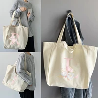 ladies shoppers handbags large capacity school canvas tote bags shopping bags pink flower letter series pattern shoulder bags