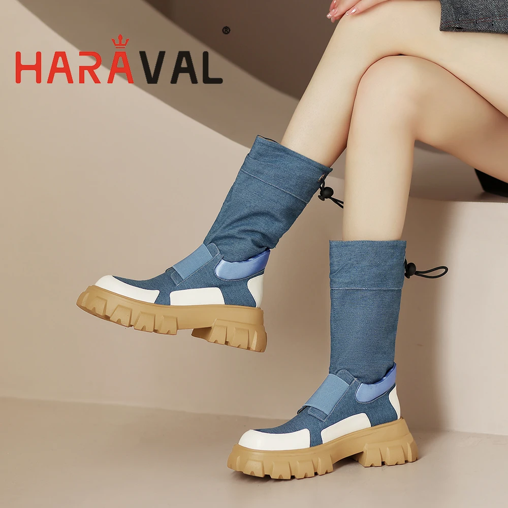 

HARAVAL Women Autumn Spring Mid Calf Boots Shoes Platform Thick Mid Heels Slip On Demin Rounded Toe Casual Walk Female Footwear
