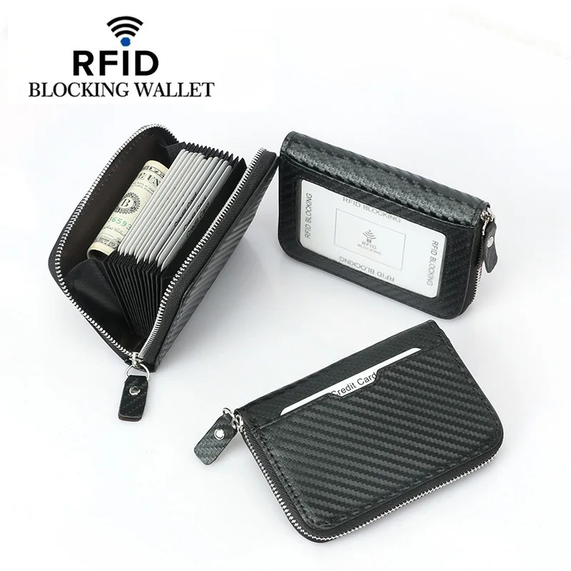 Carbon fiber pattern card holder RFID anti-magnetic multi-function multi-card slot short zipper coin purse