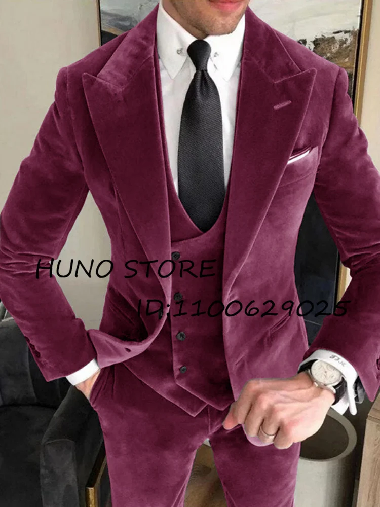 

Men's Suit 3 Pieces Set Spike Collar Single Breasted Tuxedo Wedding Groomsmen Male's Velvet Blazer Abito Uomo