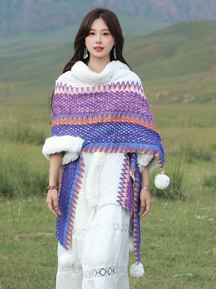 Модный шикарный вязаный зимний винтажный шарф женская накидка в стиле бохо и