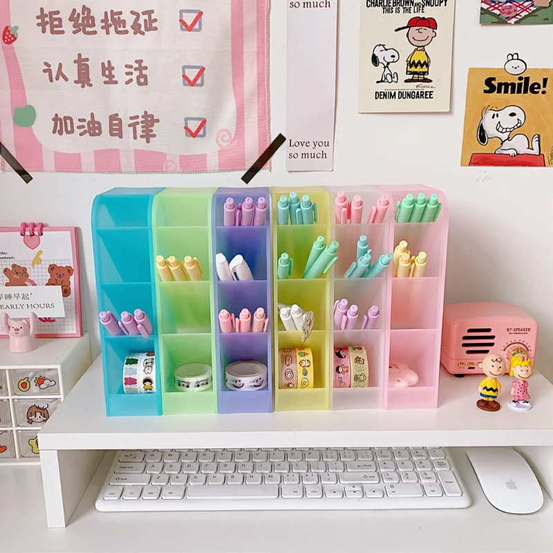 

Oblique plug-in pen holder plastic transparent frosted multi-grid pen holder student pen case desktop makeup brush storage box
