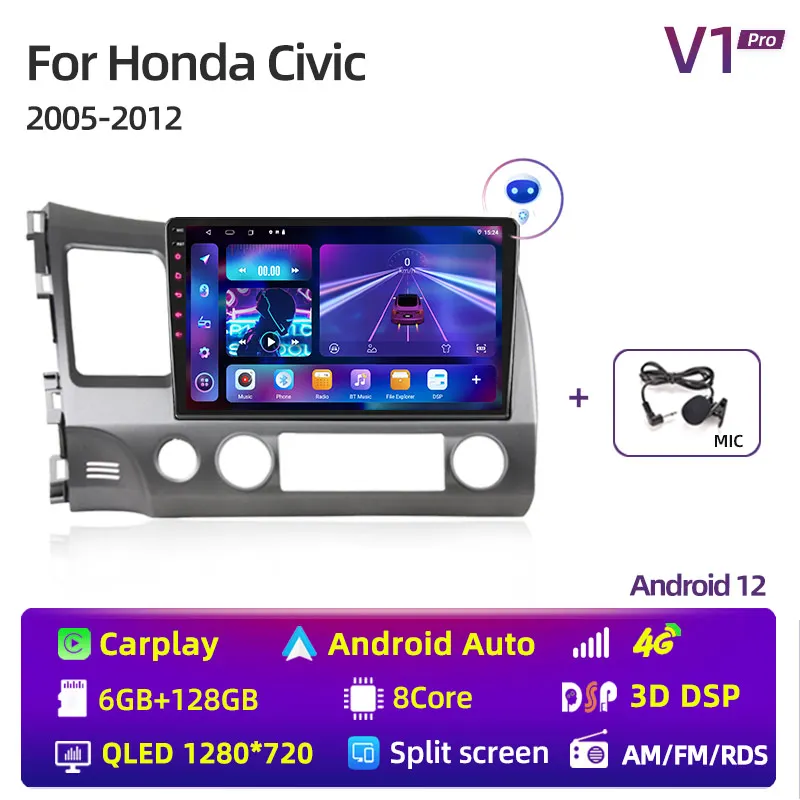 

10 "Android 13 Carplay автомобильное стерео радио для Honda Civic 8 2005-2012 мультимедийный плеер навигация GPS 2 Din 4G аудио DVD