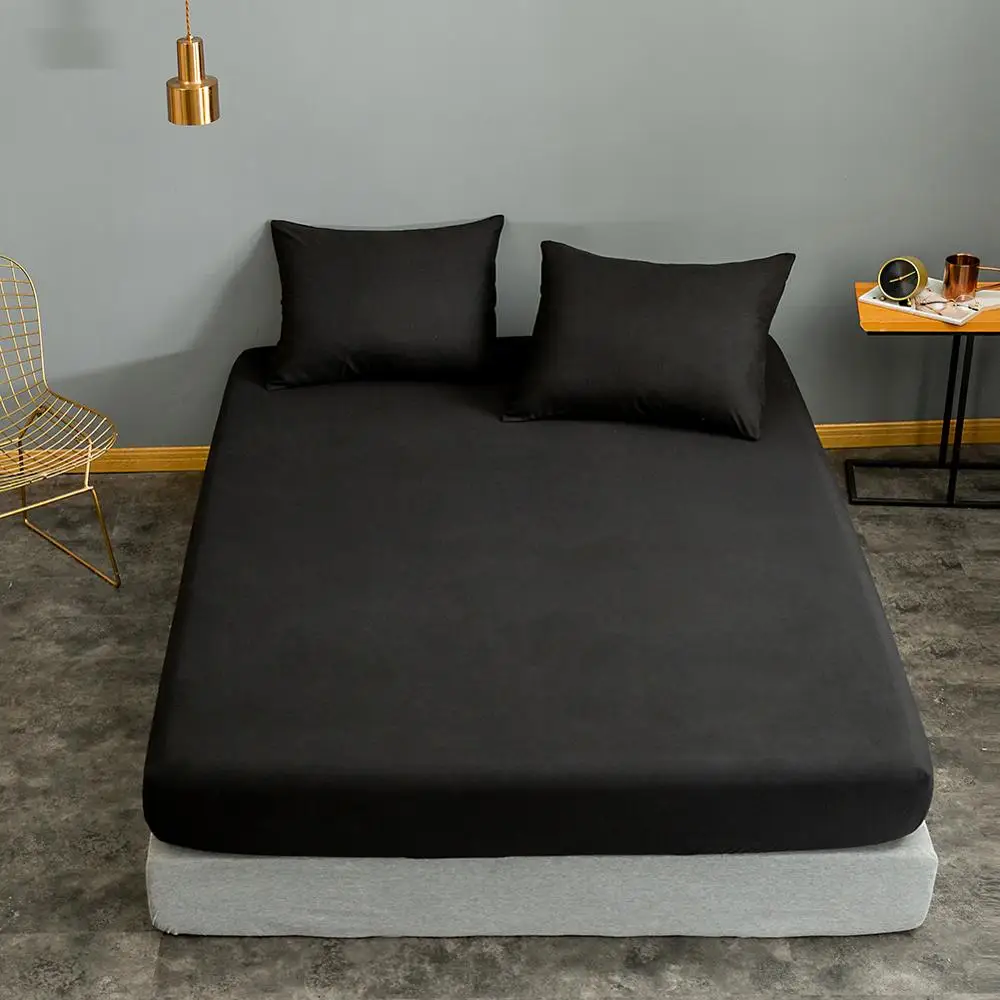 

1pc Black Color Fitted Sheet Single/Queen/King Size drap de lit Bed Sheet Sets Solid Double Bed Sheets (no Pillowcase)