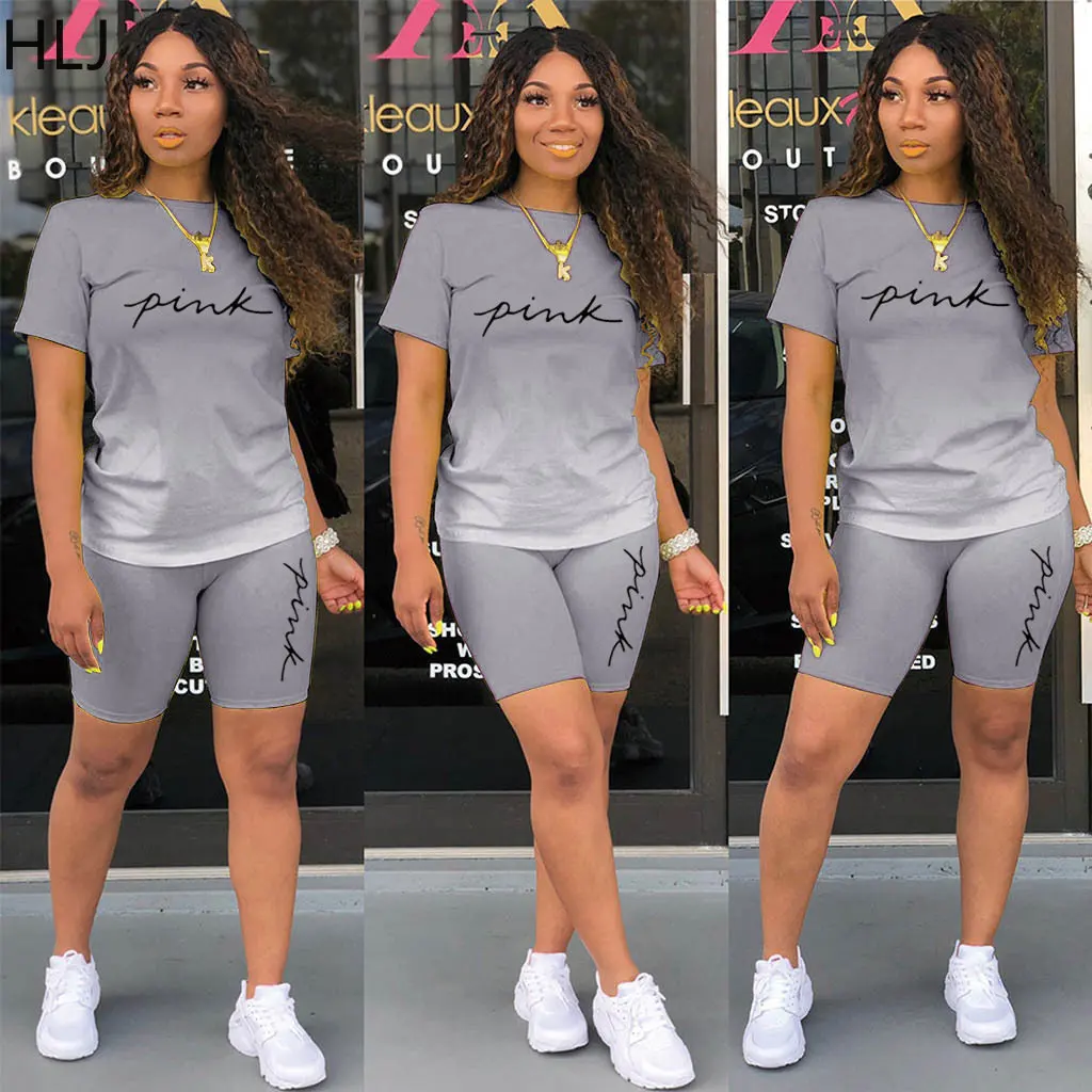 

HLJ Summer Gradient PINK Letter Print Shorts Sets Women Round Neck Tshirt And Shorts Two Piece Outfits Casual Matching 2pcs Suit
