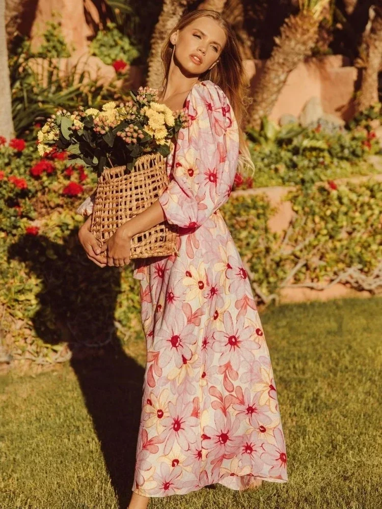 Женское длинное платье с цветочным принтом элегантное розовое V-образным вырезом