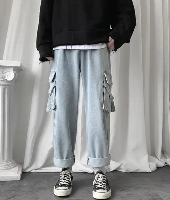 Men Jeans Straight Oversize Size Hole Ripped Street-Wear Large Pocket Elastic Waist Denim Trousers Loose Fashion Harajuku Jeans