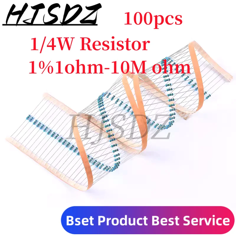 

100pcs 1/4W 1R~22M 1% Metal film resistor 100R 220R 1K 1.5K 2.2K 4.7K 10K 22K 47K 100K 100 220 1K5 2K2 4K7 ohm resistance