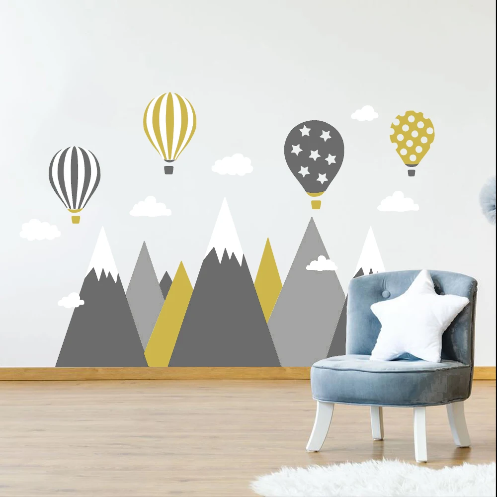 

Large Mountains Hot Air Balloons Cloud Wall Sticker Bedroom Playroom Explore Travel Camping Nature Wall Decal Living Room Vinyl
