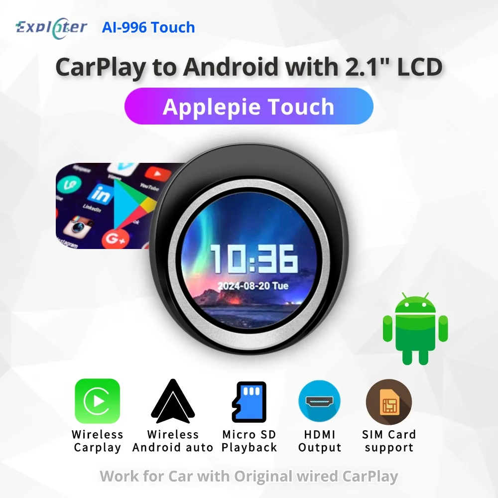 Фото EXPLOTER ApplePie Touch CarPlay AI Box для OEM-проводной Apple Carplay, 2,1-дюймовая HD-сенсорная панель, Android 13, Dual WiFi, 4G SIM-карта HDMI №1