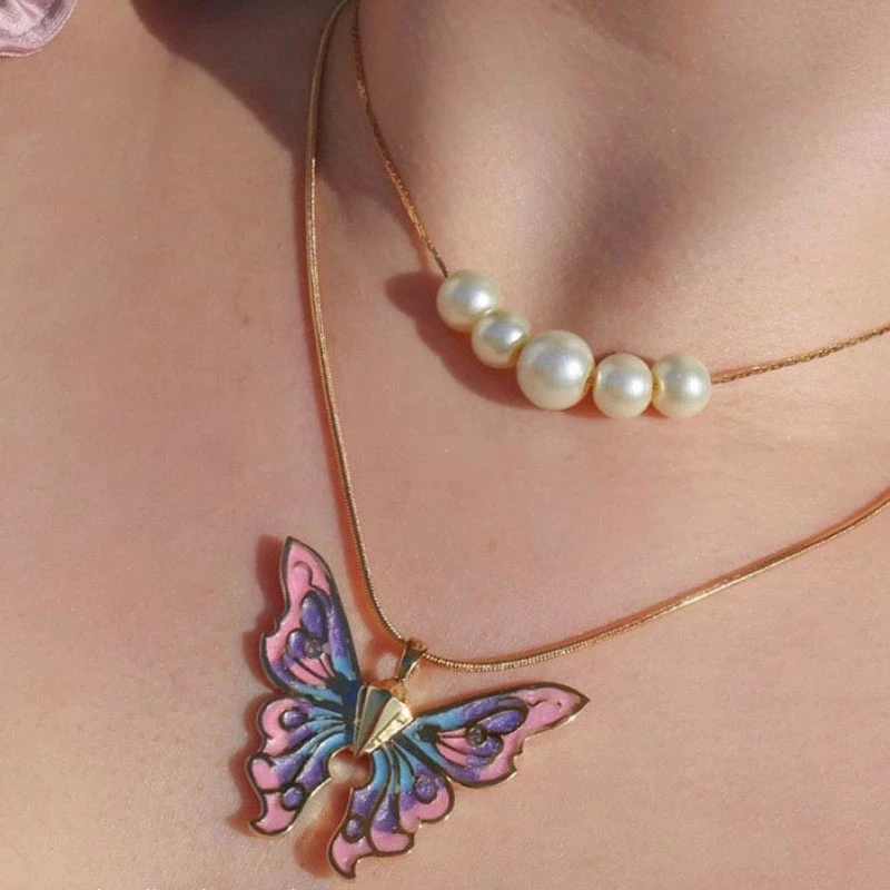 Butterfly Pearl Necklace Barbie Butterflies Pendant Necklaces Double Choker Chains Birthday Gift For Women Girls