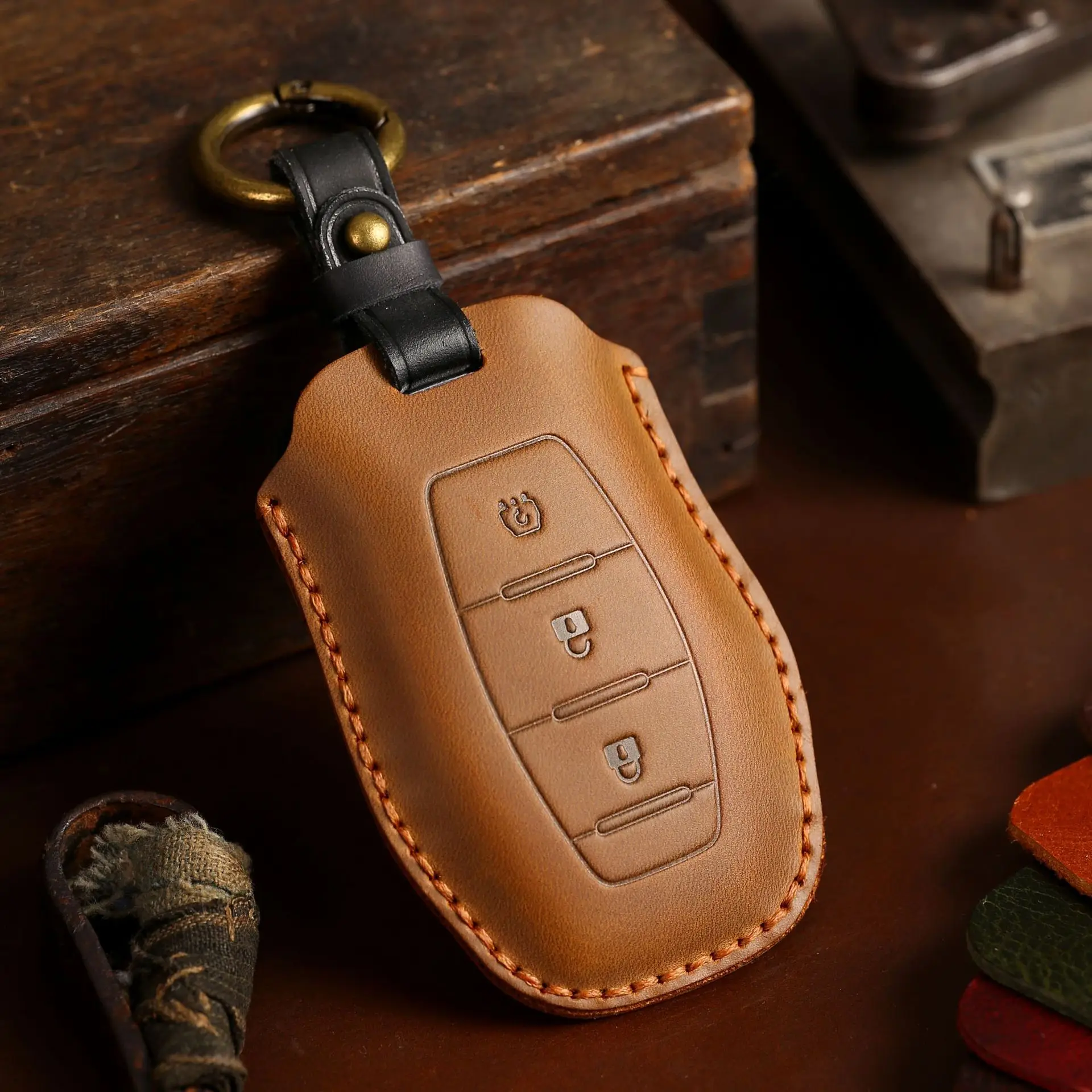

Leather Car Key Case Cover Pouch Keyring Protective Shell for Dongfeng Scenery 580 Accessories Keychain Holder Fob Protector