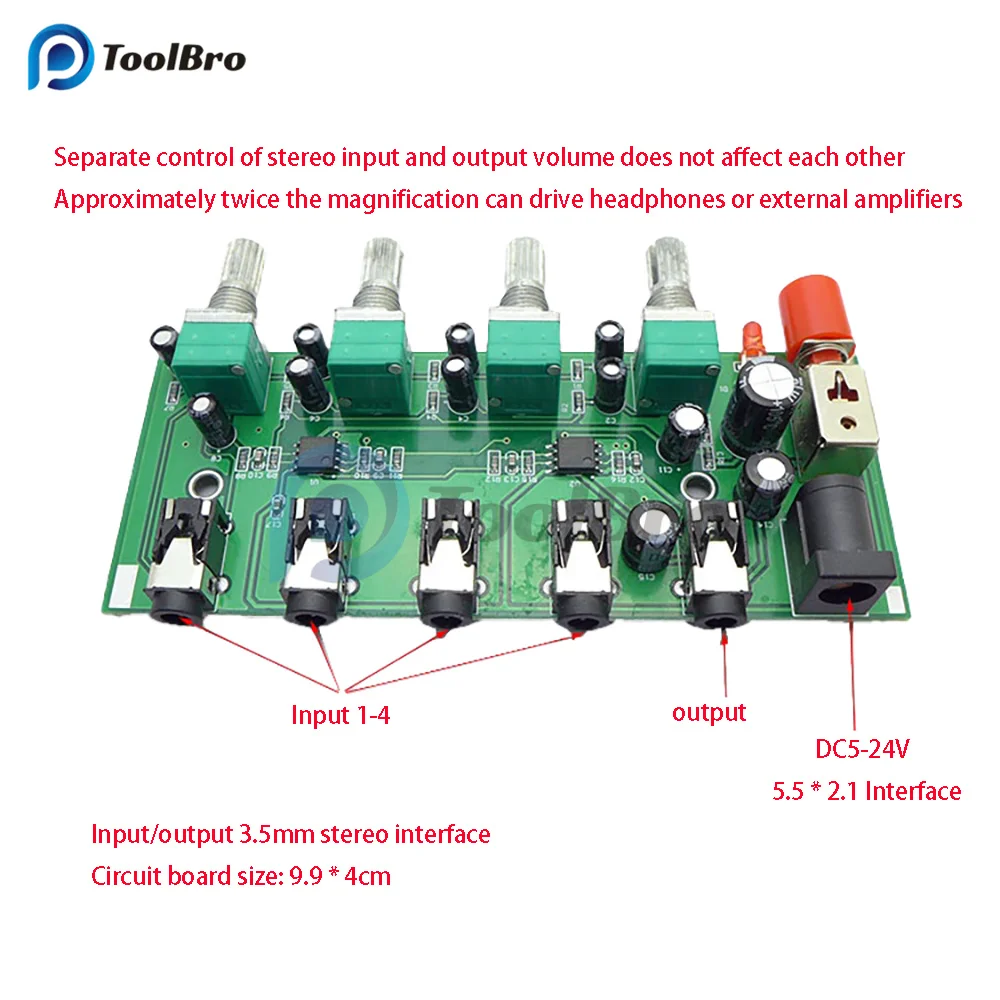 AU-401 DC 5 В-12 В стерео аудиомикшер 4 входа 1 выход плата индивидуального управления