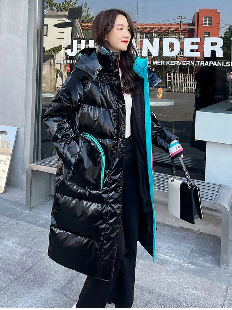 Glossy Parka Snow Coat Women's 2022 Fashion Thicken Winter Hooded Loose Long Jacket Female Windproof Rainproof Warm Outwear