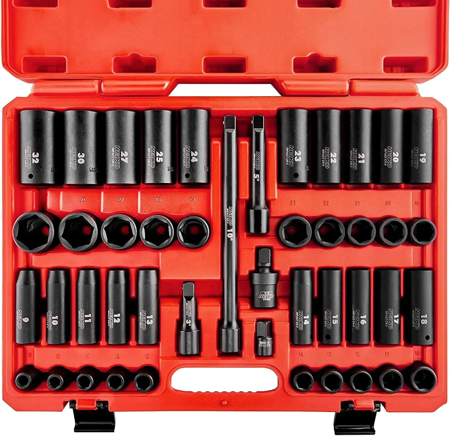 

1/2 Socket Set, 45 Piece Deep and Shallow Assortment, Metric Sizes 9mm to 32mm, Chrome Vanadium Steel, Extension Bars, Joint a