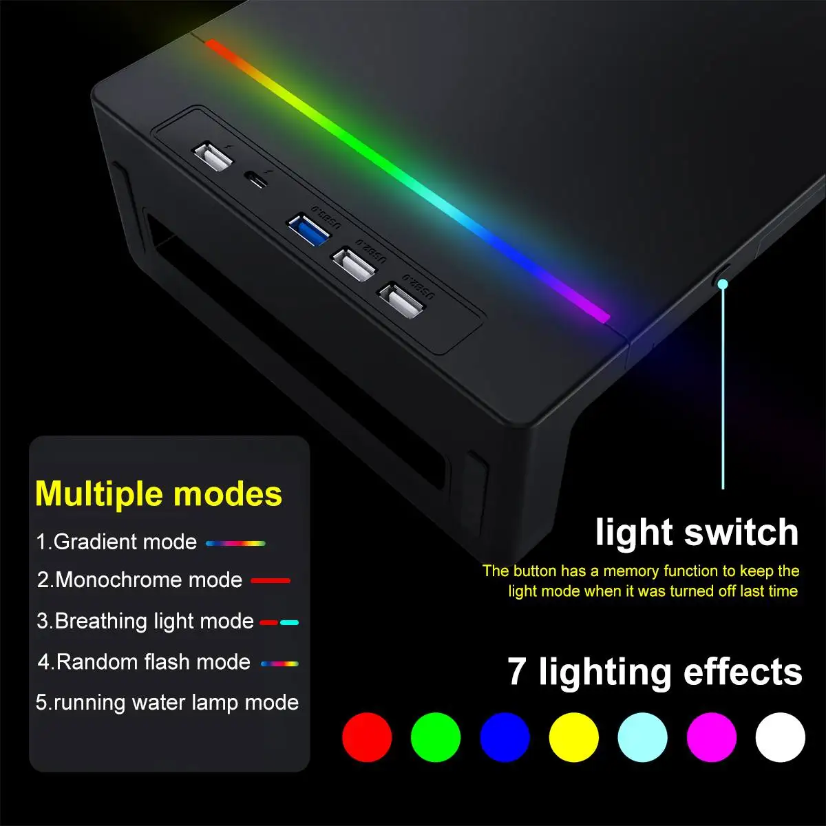 

Подставка для монитора RGB, настольная подставка с 3 USB 3,0 клавиатурой, мышью, полкой для хранения экрана, с зарядным кабелем, держателем для телефона