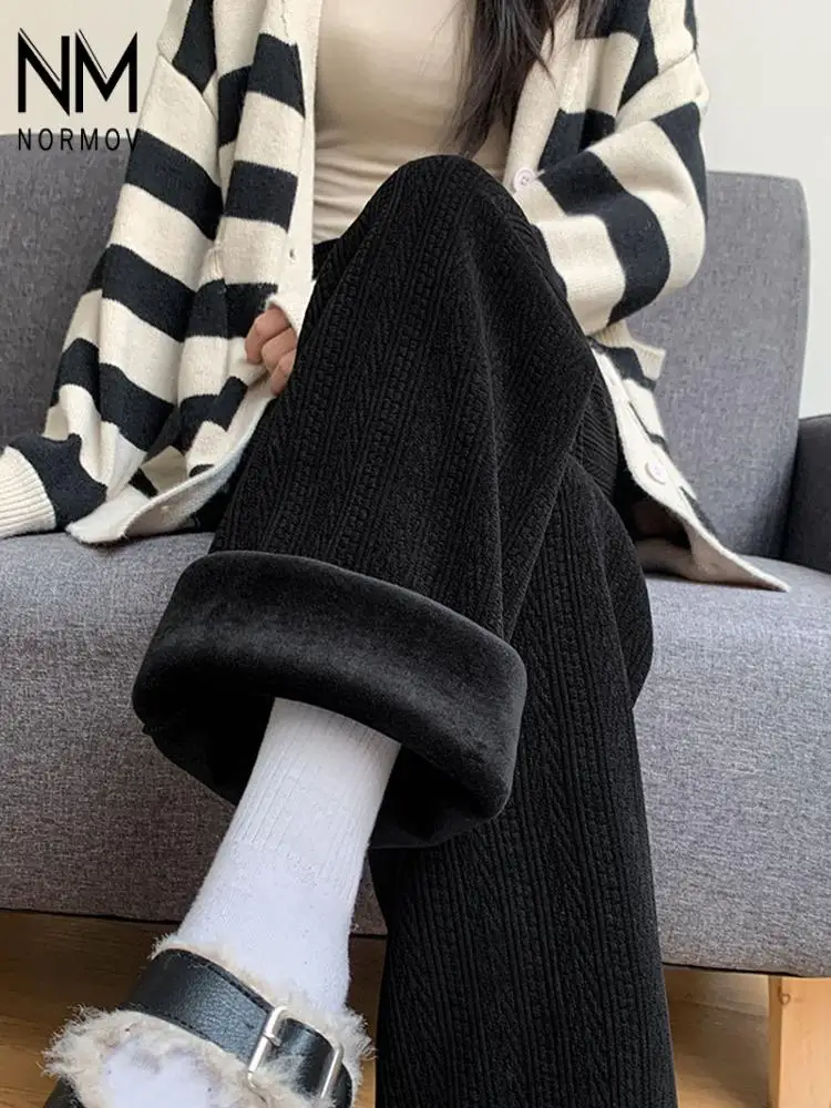 

NORMOV Winter Straight Pants Women Warm Thick Casual Wide Leg Pants High Waist Loose Elastic Slim Velvet Trousers Women