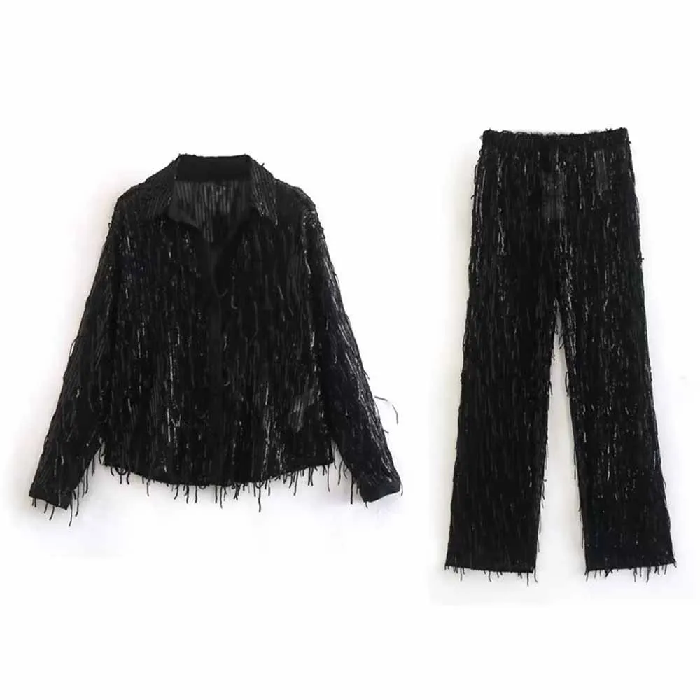 

TRAF WOMEN 2022 Fall/Winter New Tassel Sequin Decorative Shirt Retro Long Sleeve Design Fashion Female Chic Blouse Set 9193574