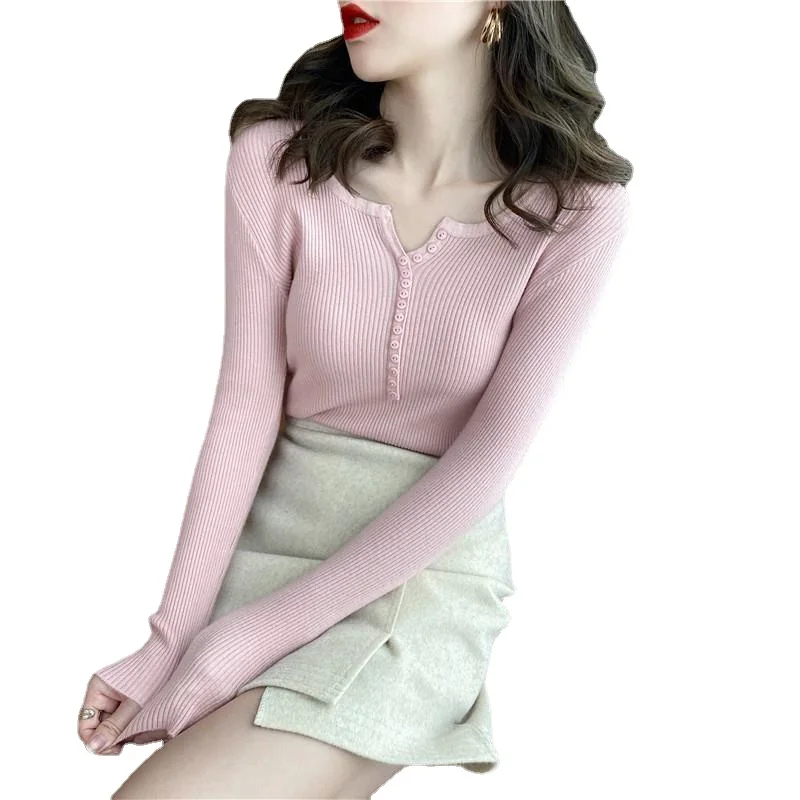 

2021 autumn and winter casual inner top slim fit pure color V-neck knitted bottomed shirt women's sweater