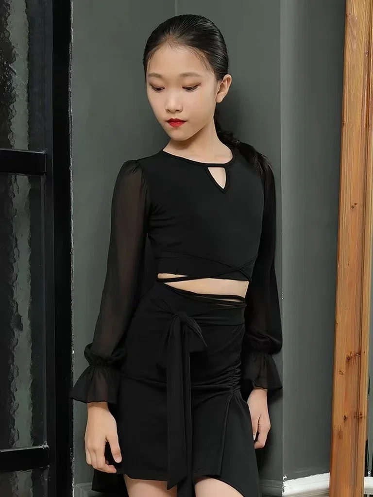 1 компл./лот детские модные костюмы для латинских танцев черный топ и юбка девочек