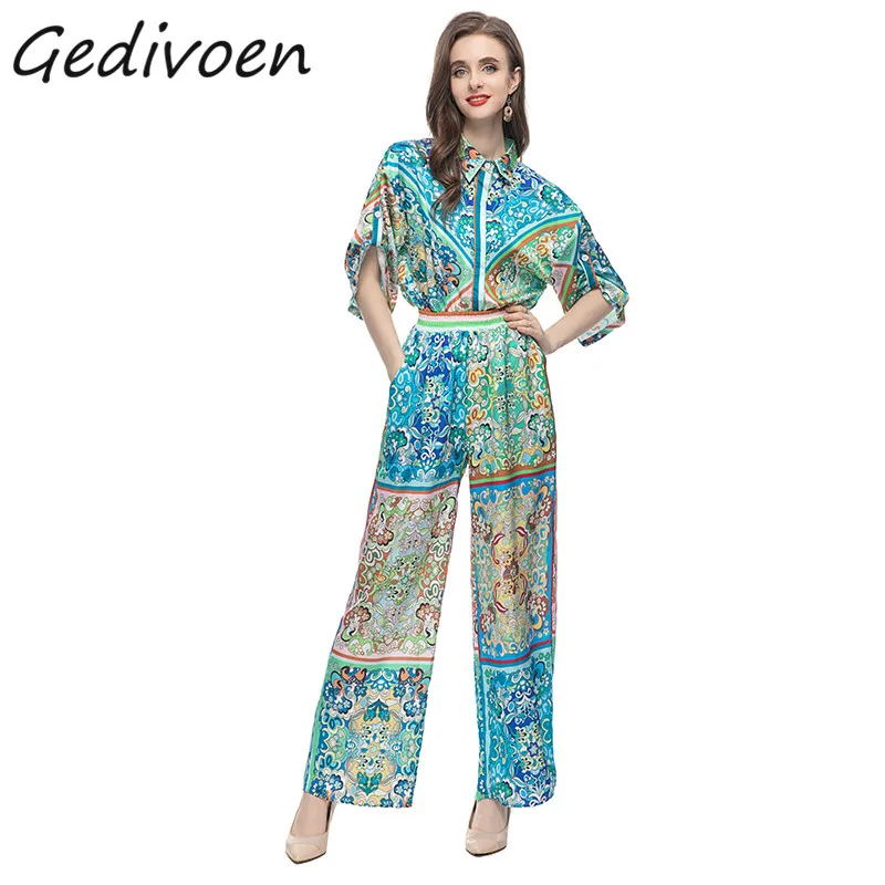 

Gedivoen Summer Fashion Runway Vintage Print Pants Set Women Short Sleeve Loose Top+Elastic Waist Straight Trousers 2 Pieces Set