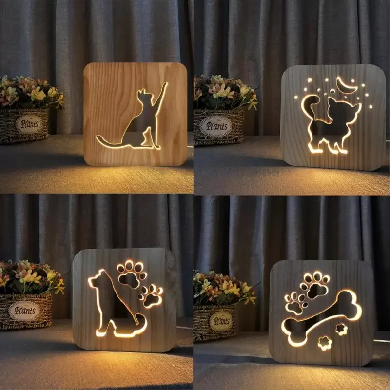 

1PCS LED USB Night Light Wooden Dog Paw Cat Wolf Head Animal Lamp Novelty Kids Bedroom Decor 3D Decoration Table Lamp Children