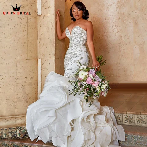 Женское длинное свадебное платье с юбкой-годе, длинное привлекательное кружевное платье невесты со стразами и бисером, модель WD07 2024 года