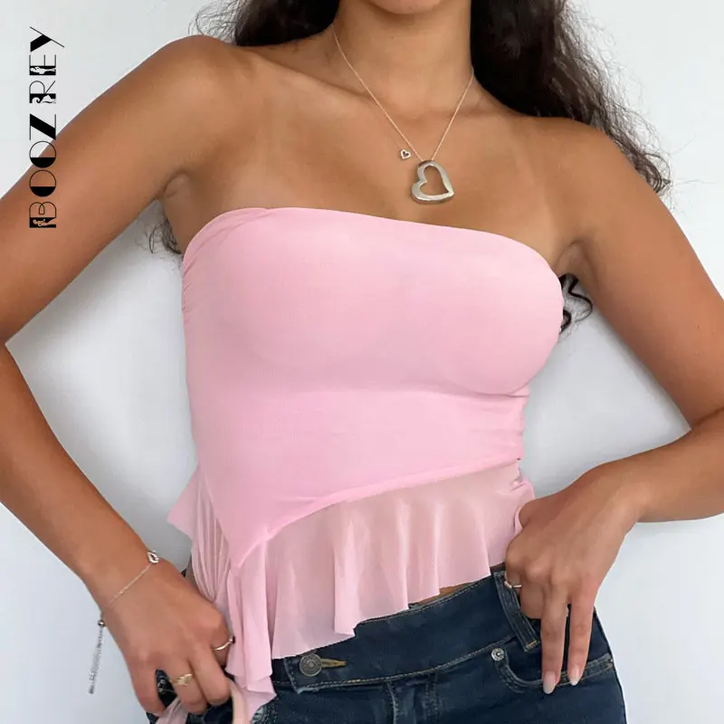 

BoozRey Summer Strapless Tube Pink Crop Top Y2K Ruffle Mesh Patchwork Women Fashion Tank Tops Off Shoulder Beach Basic 2023 NEW