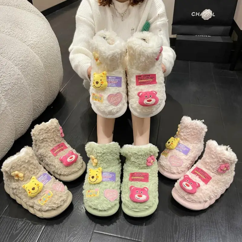 

Аниме Пух медведь винни плюшевые зимние ботинки Kawaii Lotso мультяшная кукла Теплые Зимние хлопковые ботильоны женская нескользящая обувь пода...
