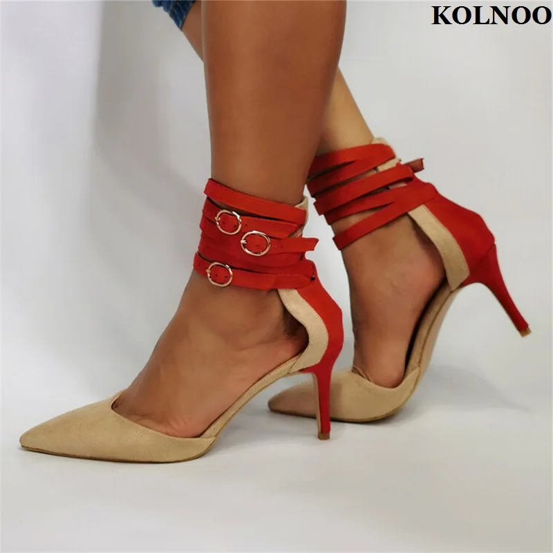 

Женские туфли-лодочки ручной работы Kolnoo на шпильках с пряжкой и ремешком на щиколотке, вечерняя модная обувь с настоящими изображениями