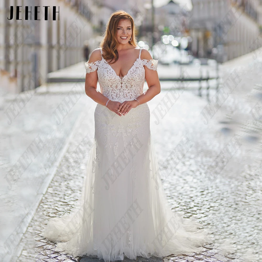 

JEHETH Mermaid Wedding Dresses For Woman Plus Size Spaghetti Straps V-Neck Bride Gowns Lace Up Applique Tulle vestidos de novia