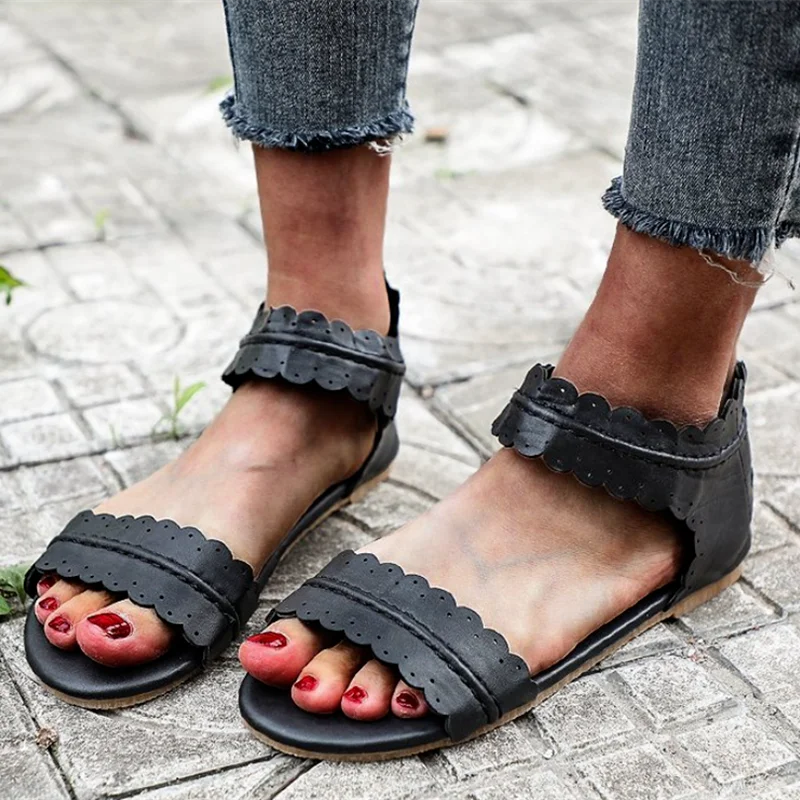 

2022 Nieuwe Platte Sandalen Open Teen Romeinse Zomer Strand Schoenen Dames Boho Rits Flip Flop Casual Zomer Strand Sandalen 43