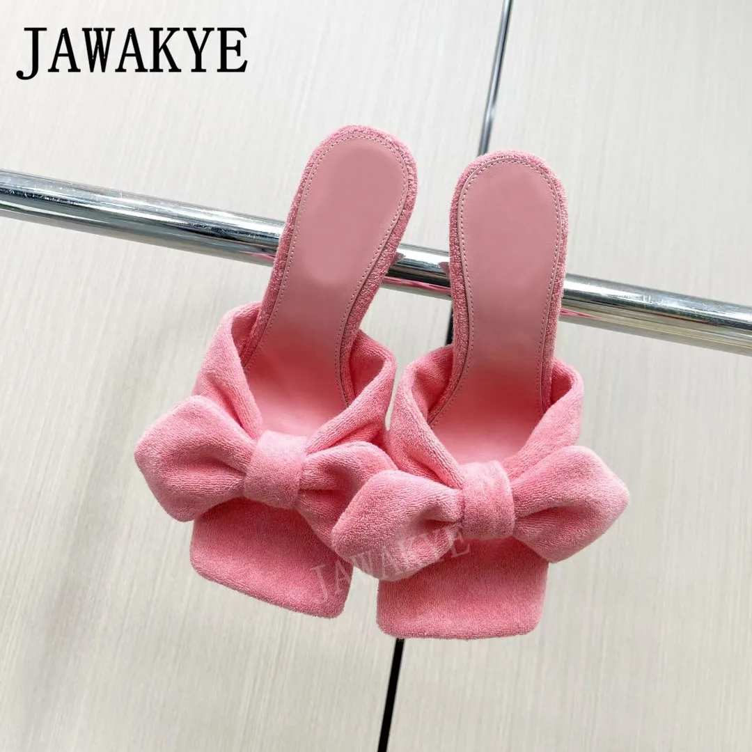

2022 New Style Summer Flannel Women High Slippers Bow Knot Square Toe Candy Color Out Shoes For Women Ladies High mujer