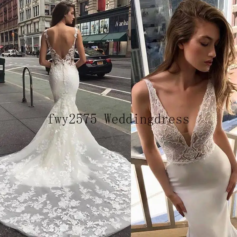

Gorgeous Mermaid Lace Wedding Dresses robe de mariage Lace Appliqued Bridal Gowns Sleeveless Vintage Sheer V Neck Wedding Dress
