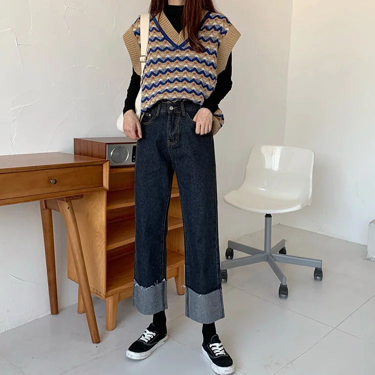 

DD3274 New high-waisted slim and versatile design curly wide-leg trousers jeans