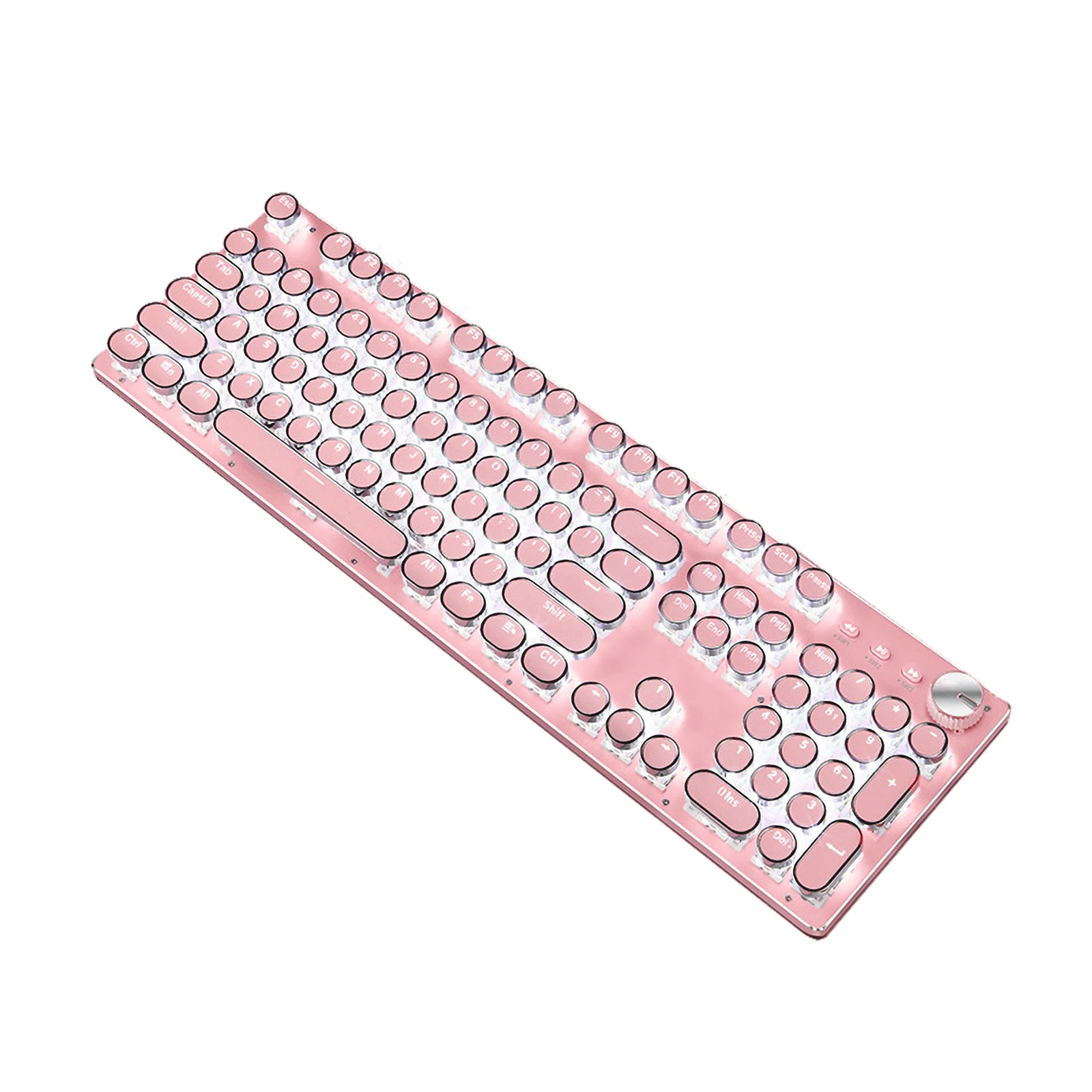 

Pink Typewriter Style Mechanical Gaming Keyboard White LED Backlit, 104-Key Anti-Ghosting Blue Switch Retro Steampunk Round Keyc