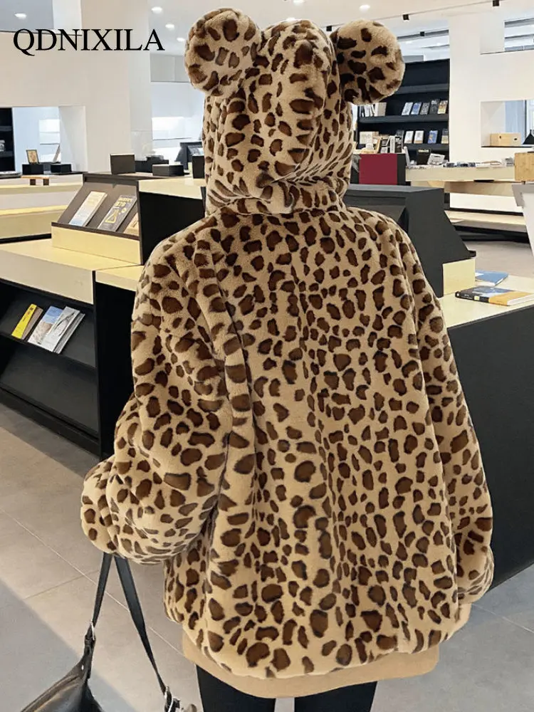 Winter Jacket Women 2022 Faux Fur Coat New Outerwear Cute Bear Ears Plush Warm Hood Loose Coats Women's Jacket for Women