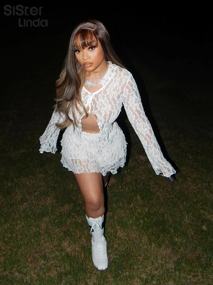 Женский прозрачный мини-костюм Sisterlinda однотонный костюм с юбкой выше колена для