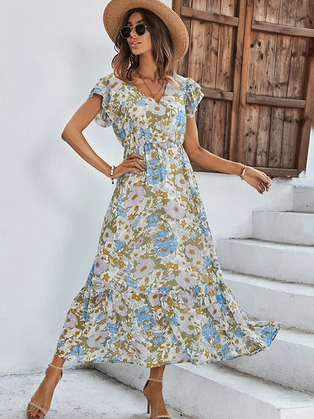 

Jastie Boho Chiffon Maxi Dress Women Floral Print V Neck Short Sleeve Ruffle Hem Vestidos High Waist Beach Casual Dresses Summer