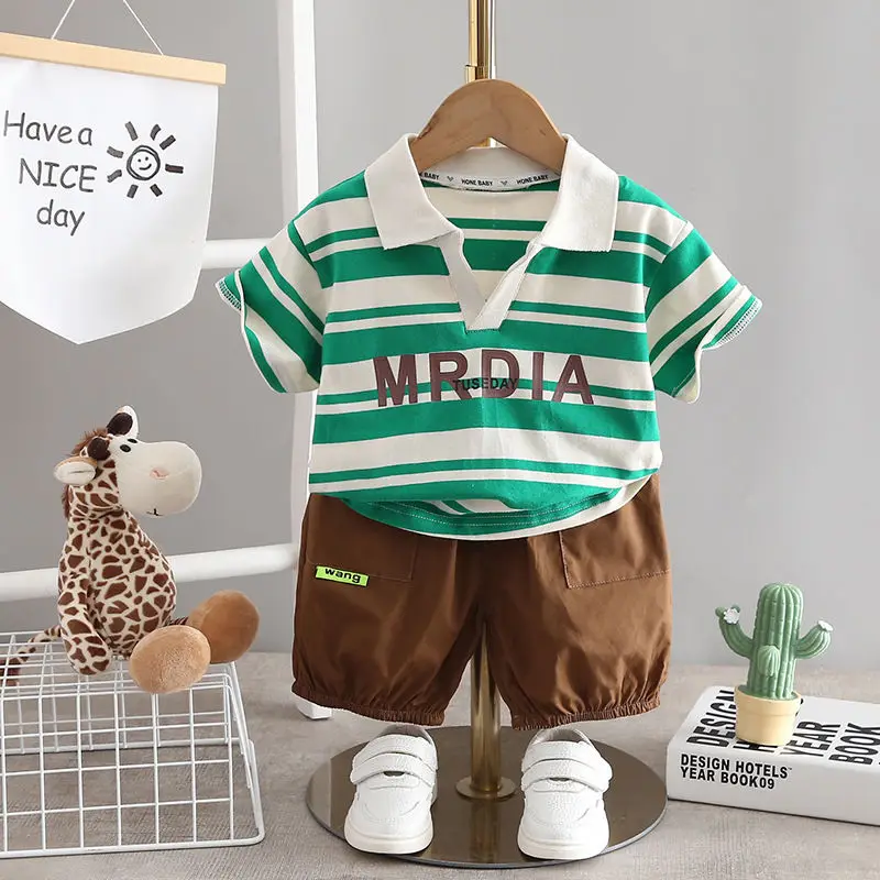 

Children's Summer New Boys' Polo Neck Stripe Short Sleeve Set Baby Casual Shorts Two Piece Set 1-5 Years Old