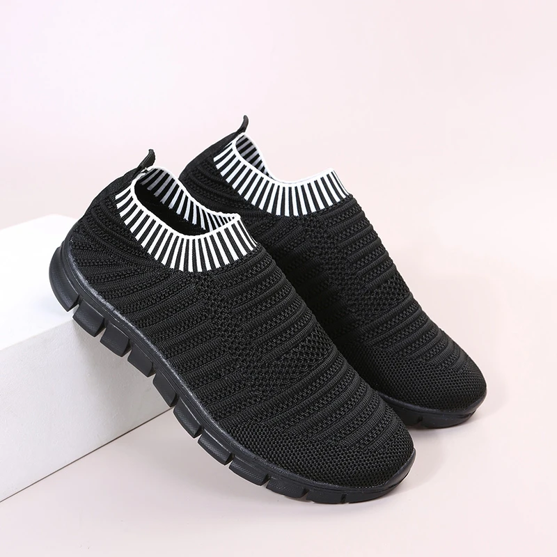 

New Yellow Stripe Knitted Socks Sneakers Women Spring Summer Slip on Flat Shoes Woman Plus Size Breathable Mesh Running Shoes
