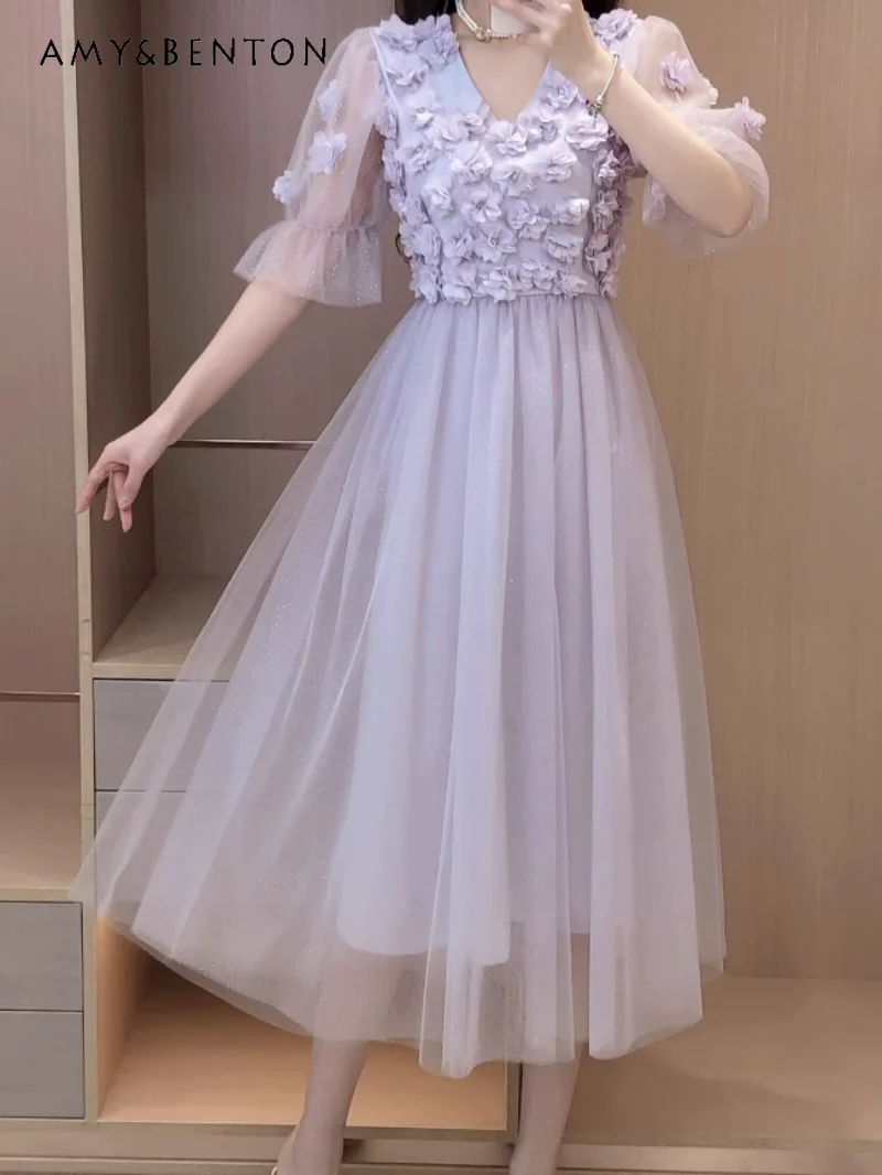 2023 New Gentle Fairy Lady Beaded Flower Chiffon Tulle Dress High Waist Summer New V-neck Short Sleeve Dress for Women