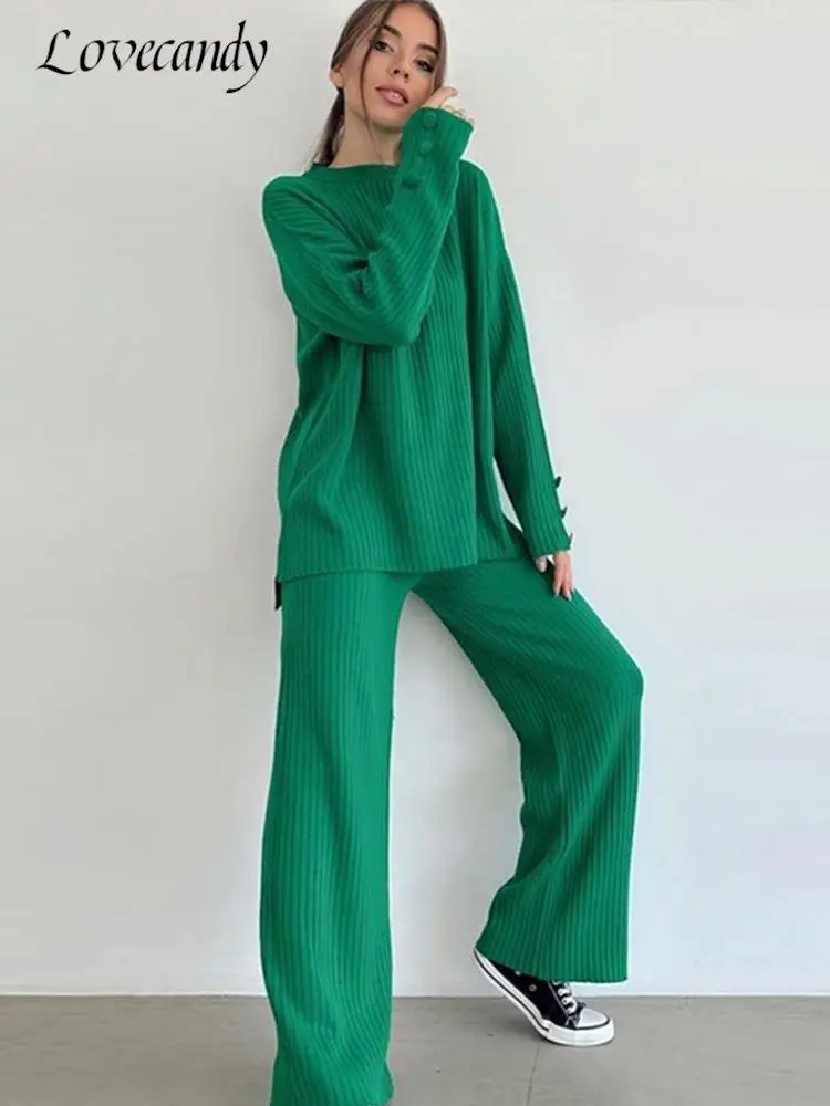 

Loose Solid Knitted Trousers 2 Pieces Set Long Sleeve Button Sweater And Full Length Pants Suits Women Soft Pullover Outfits