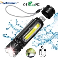 most bright multifunctional led flashlight usb rechargeable battery t6 torch side cob light linterna tail magnet led work light