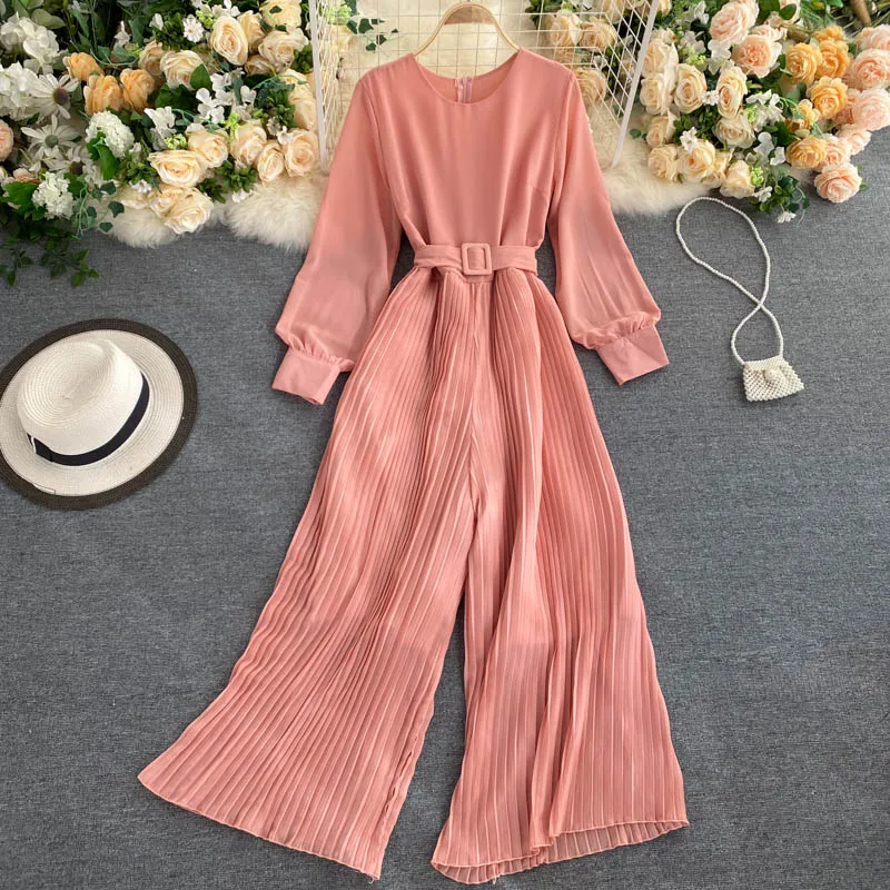 

Autumn New Solid Color Temperament Round Neck Long-sleeved Waist Lacing Thin Pleated Wide Leg Pants Jumpsuit