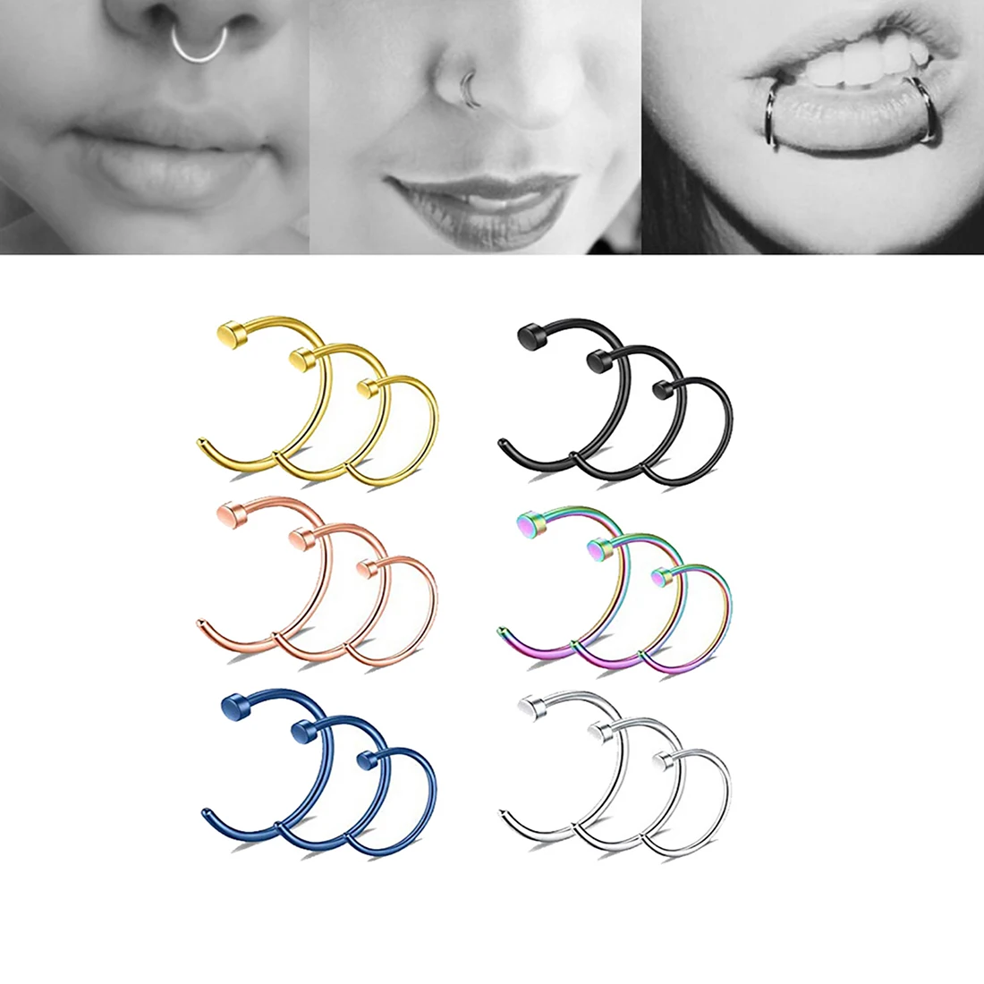 

18Pcs/set Nose Ring Hoop Septum Rings C-Shaped Nose Pin Studs Bone Tragus Cartilage Rings Steel Body Piercing Jewelry Fake Lip